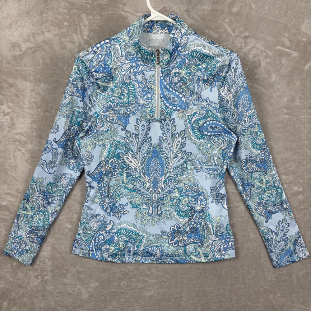 Acegolfs Womens Blue Paisley Long Sleeve Quarter Zip Golf Top Size S UPF 50